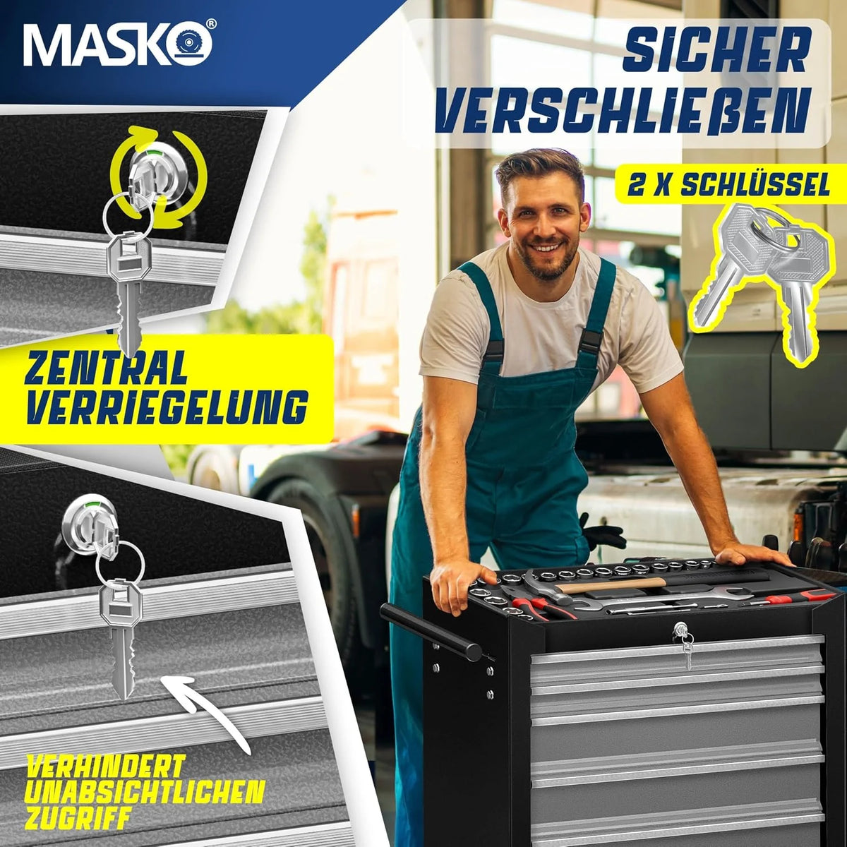 MASKO® Carro de taller con ruedas con 7 cajones con cerradura, carrito móvil para almacenamiento de herramientas con cerradura y cajones de rodamientos, estable taller de metal macizo, negro/gris