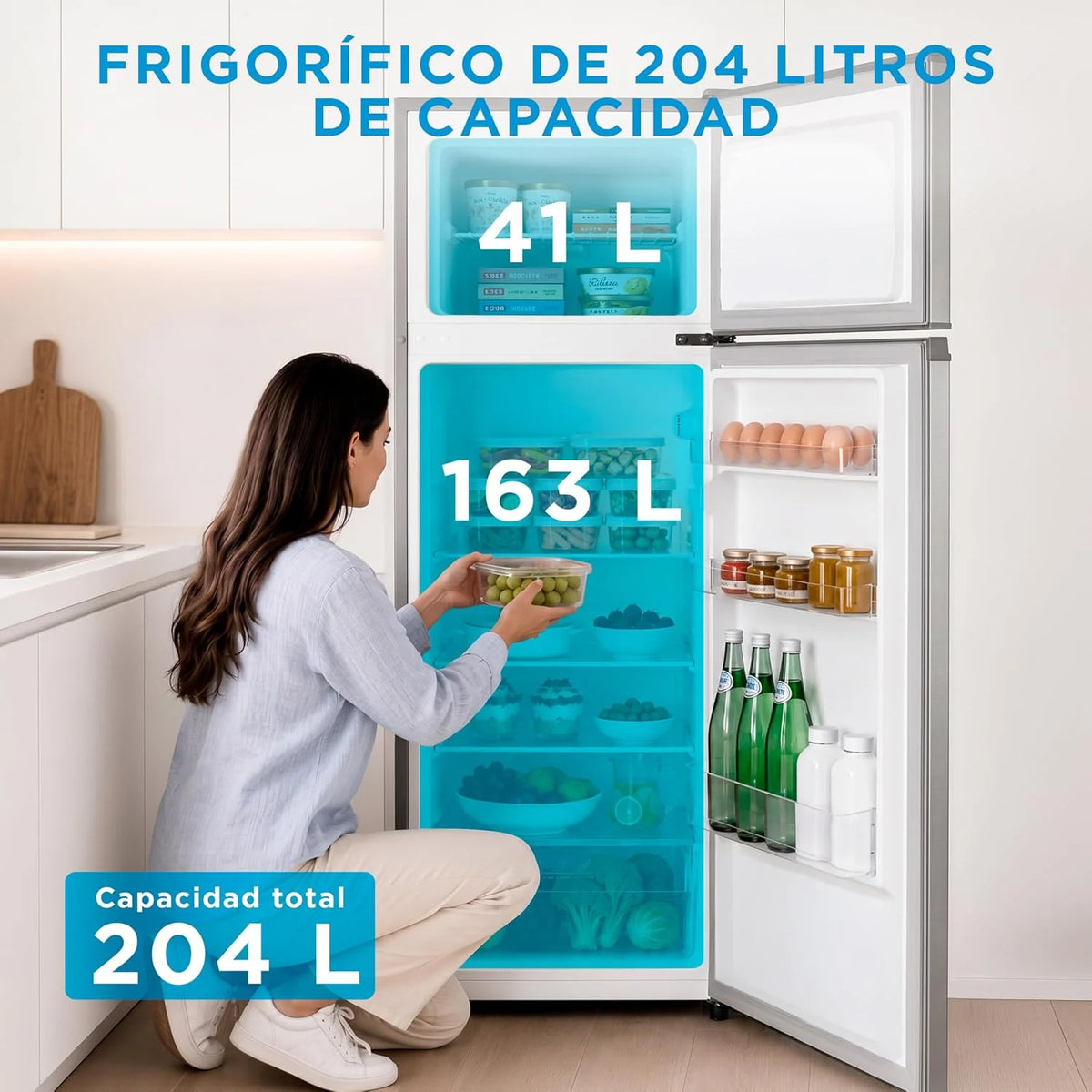 Midea Frigorífico 2 puertas 140 cm alto x 55 cm ancho, Inox, Capacidad 204 L, Nevera Pequeña con Congelador Low Frost de Bajo Consumo, Puerta Reversible, Luz LED, Silencioso 40dB, Cajón de Frutas