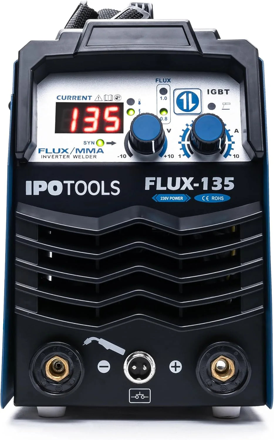 IPOTOOLS FLUX-135 - Estación de soldadura (135 A, FLUX-135 A, estación de soldadura inverter sin gas para estación de soldadura de alambre con relleno de 0,8 mm o 1,0 mm con MMA/IGBT/230 V/7 años de