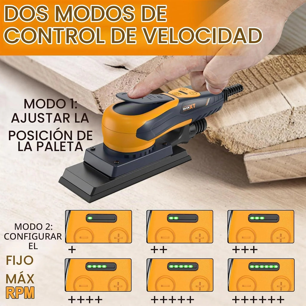 MAXXT Lijadora orbital 3.0 sin escobillas 350W, velocidad ajustable 4000-10000/RPM, freno automático 2s, recogida automática de polvo, superficie de lijado 198x70mm, 10 hojas abrasivas