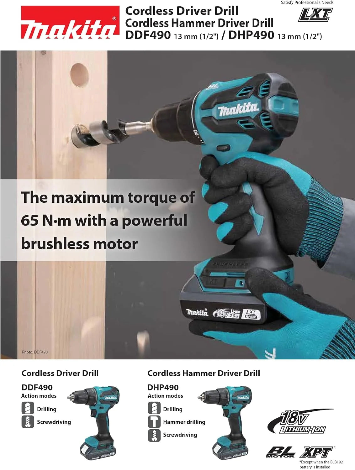 MAKITA DDF490WVE - Taladro atornillador 18V 65Nm. Incluye Taladro, 2 baterias de 2Ah, cargador y maletín