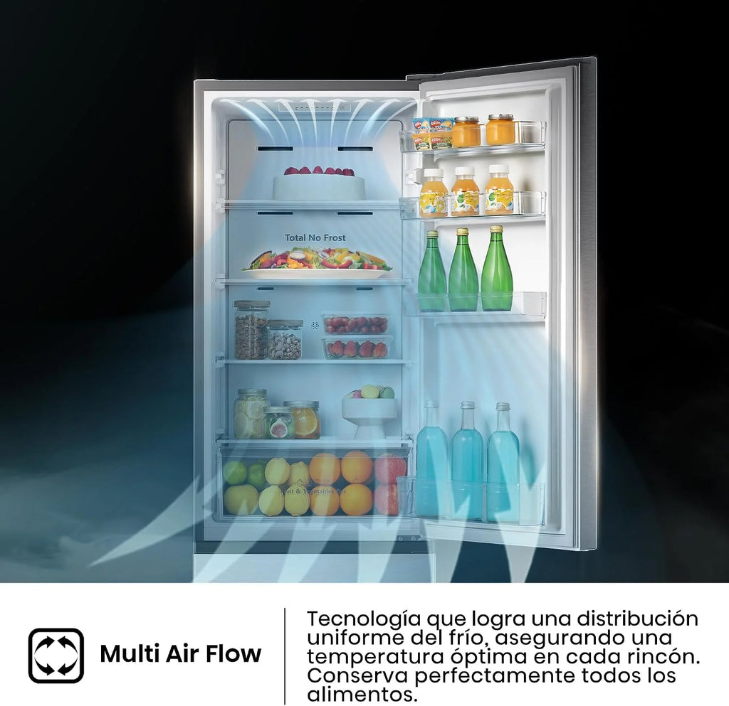 Hisense RB329N4ACE - Refrigerador combinado de instalación libre, Total No Frost con ventilación multiflujo, Inox Look, altura 180 cm, capacidad neta 255 L