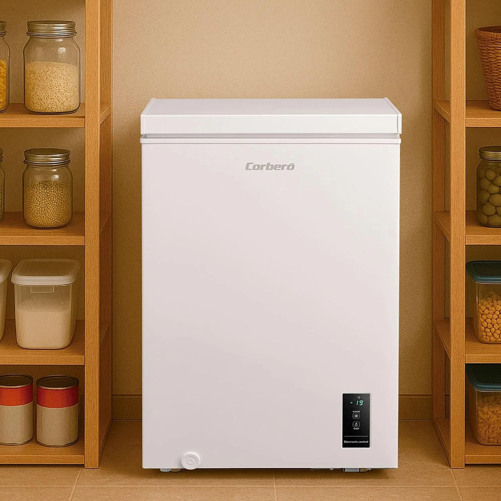 Corberó - Arcón Congelador Horizontal | CCHM1006M | 99L | 54,7cm x 84,9cm | Motor Inverter 38db | Sistema Dual | Súper Congelación | Control con Display | 1 Cesta |Blanco