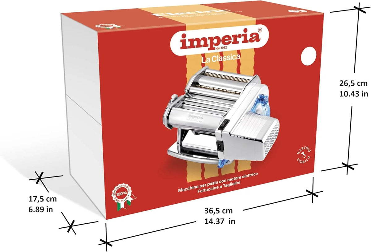 Imperia Electric Línea Clásica. Máquina de pasta eléctrica. Made in Italy. Máquina de pasta fresca en acero con motor eléctrico 220v. Laminadora eléctrica para lasagne, tagliolini, fettuccine. (Plata)