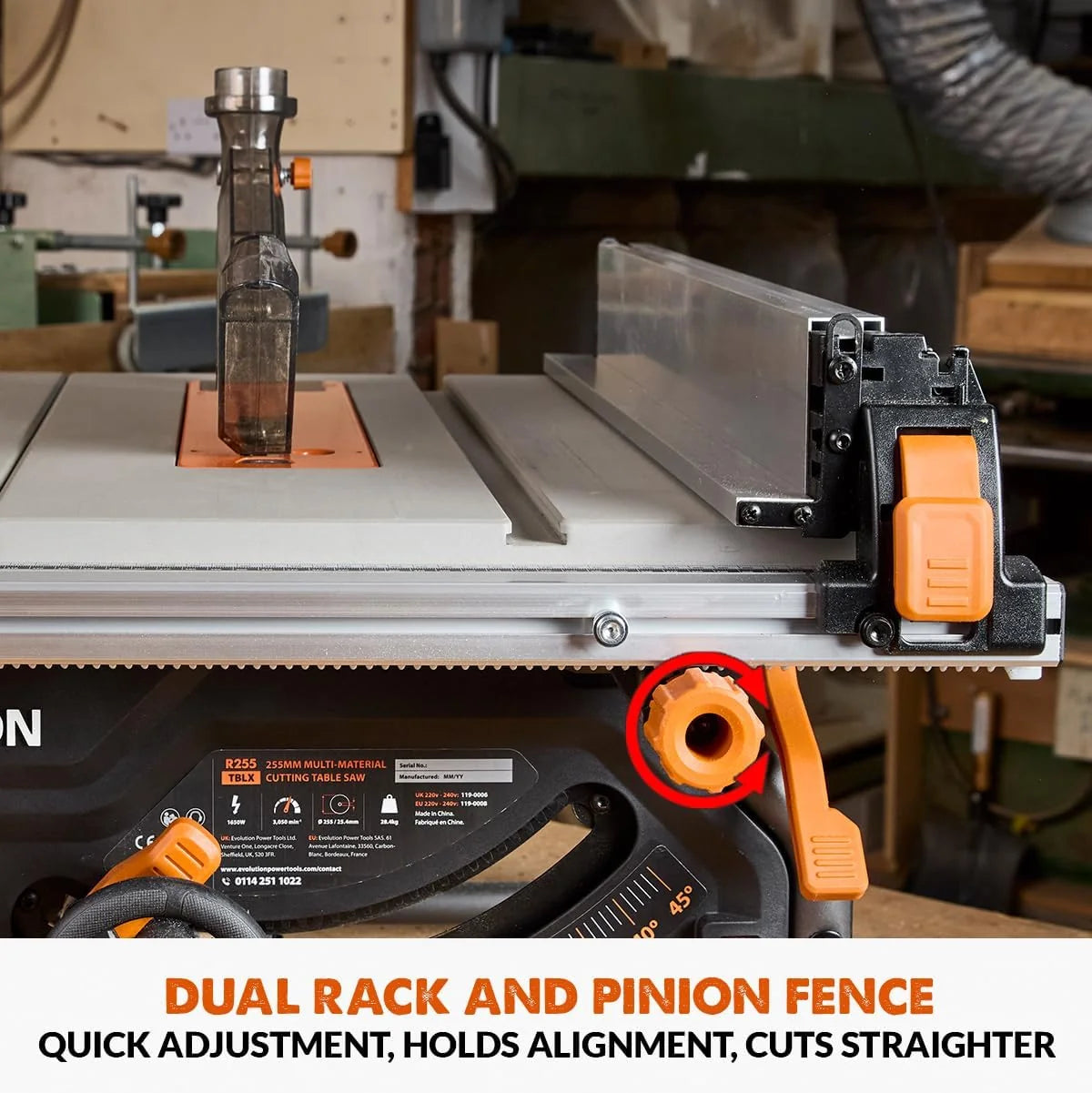Evolution Power Tools R255TBLX+ Sierra De Mesa Con Soporte (Próxima Generación Rage 5-S) Hoja De Corte Multimaterial Corta Madera Metal Plástico, Bisel 45˚, +/- 60˚ Ángulo De Inglete, 1800w
