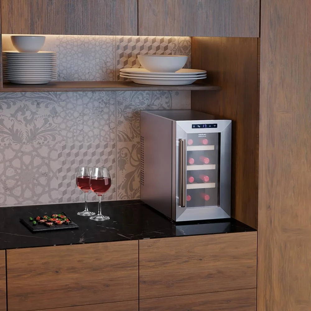 Cecotec Vinoteca 8 Botellas Bolero GrandSommelier 830 CoolWood, Termoeléctrica, Bajo nivel sonoro y alto rendimiento, Temperatura regulable: 8-18ºC, Panel de control táctil, Display.