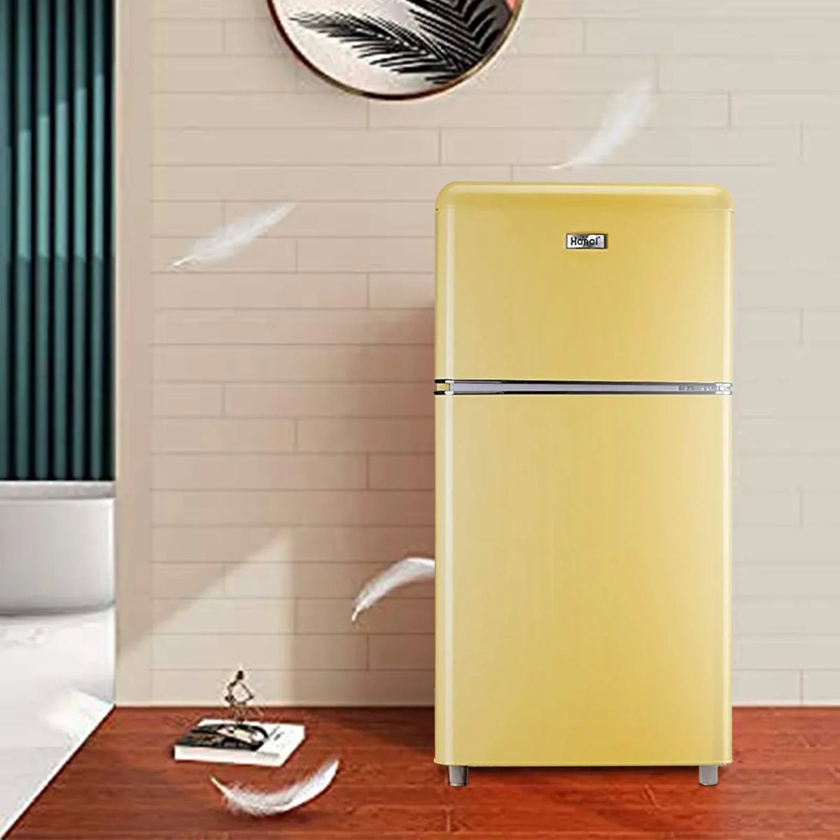 Mini refrigerador WANAI, 3.5 pies cúbicos, doble puerta con congelador, amarillo