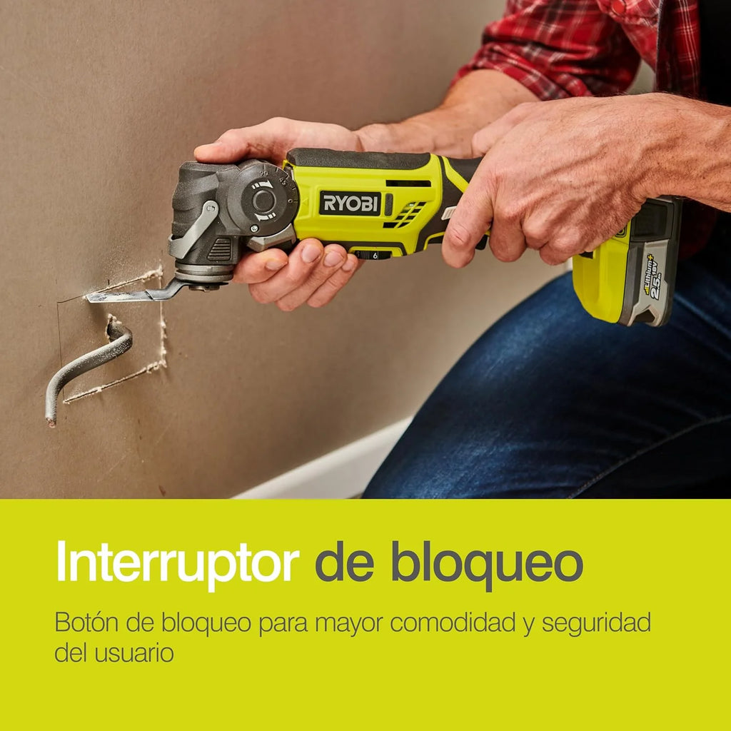 RYOBI - Multiherramienta 18V ONE+ - Herramienta Multiuso Ideal para Cortar Todo Tipo de Materiales y Lijar en Lugares Estrechos - Se Entrega con Accesorios (sin Batería y Cargador) - R18MT-0