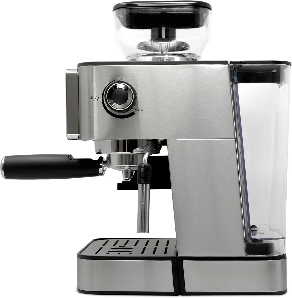 Jocca - Cafetera Espresso Semiautomática 20 Bar con Molinillo, Pantalla Táctil, 22 Niveles de Molienda, Vaporizador, Depósito 1,3L, 1450W, Acabado en cromado Acero Inoxidable