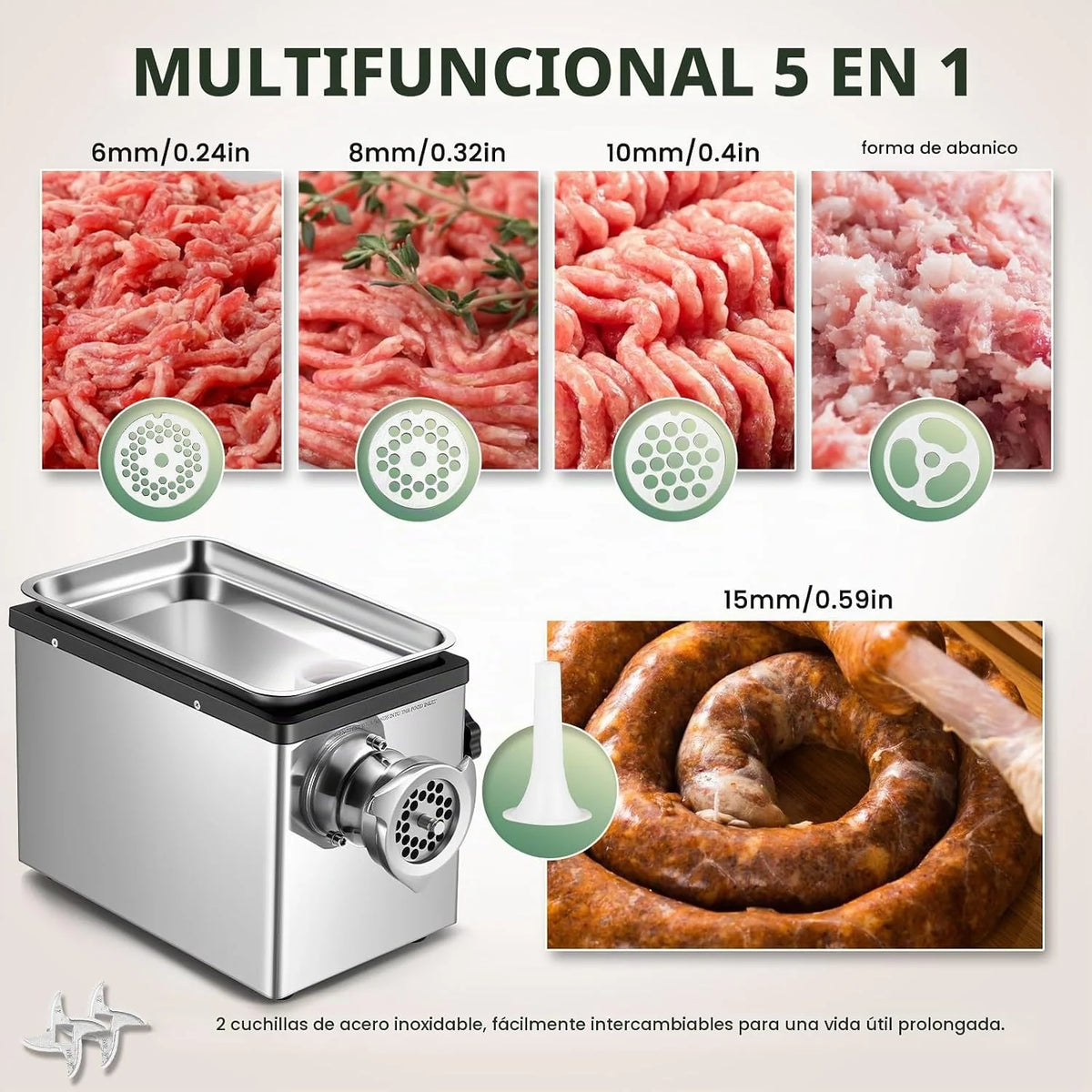 Huanyu Picadora Electrica Picadora de Carne Eléctrica Comercial 1100W Multifunción Picadora Electrica de Alimentos Con Embutidora de Chorizos Trituradora de Carne con 2 Cuchillas y 4 Placas de Corte