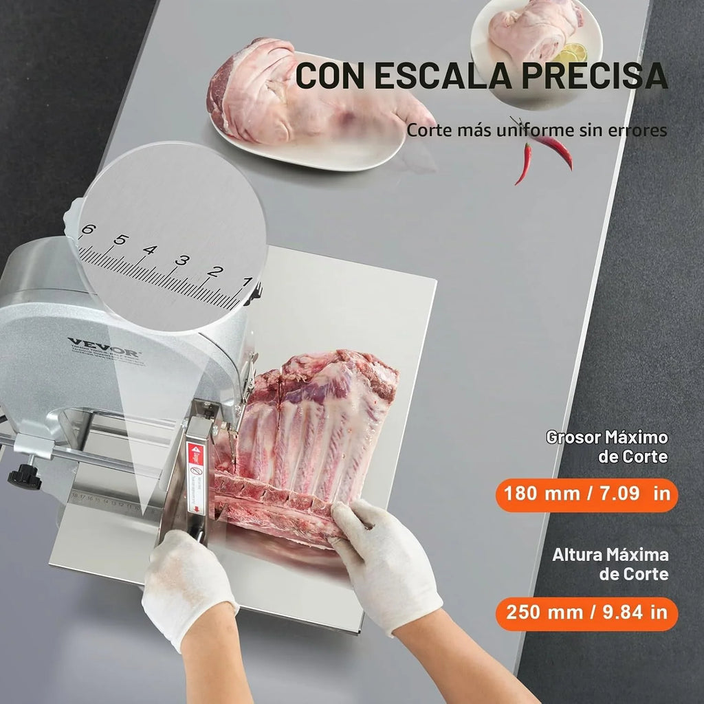 VEVOR Sierra de Cinta Eléctrica Comercial para Carne y Huesos de Acero Inoxidable de 1800 W para Encimera, Grosor Máximo de Corte 180 mm, con 5 Cuchillas para Costillas Cerdo y Res, 515 x 490 x 860 mm