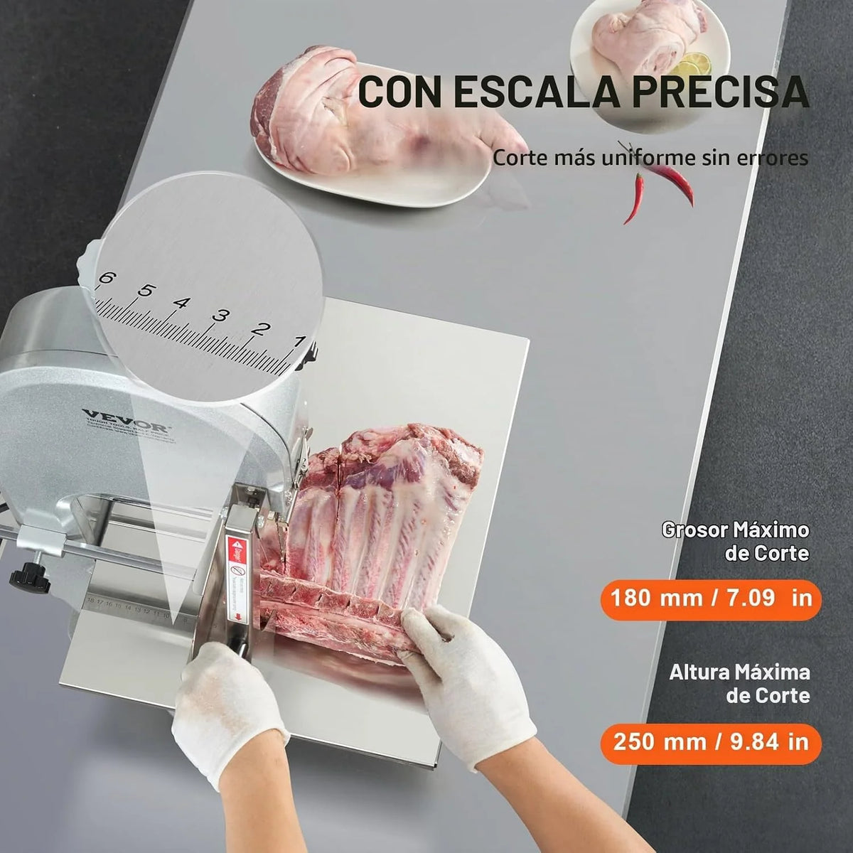 VEVOR Sierra de Cinta Eléctrica Comercial para Carne y Huesos de Acero Inoxidable de 1800 W para Encimera, Grosor Máximo de Corte 180 mm, con 5 Cuchillas para Costillas Cerdo y Res, 515 x 490 x 860 mm