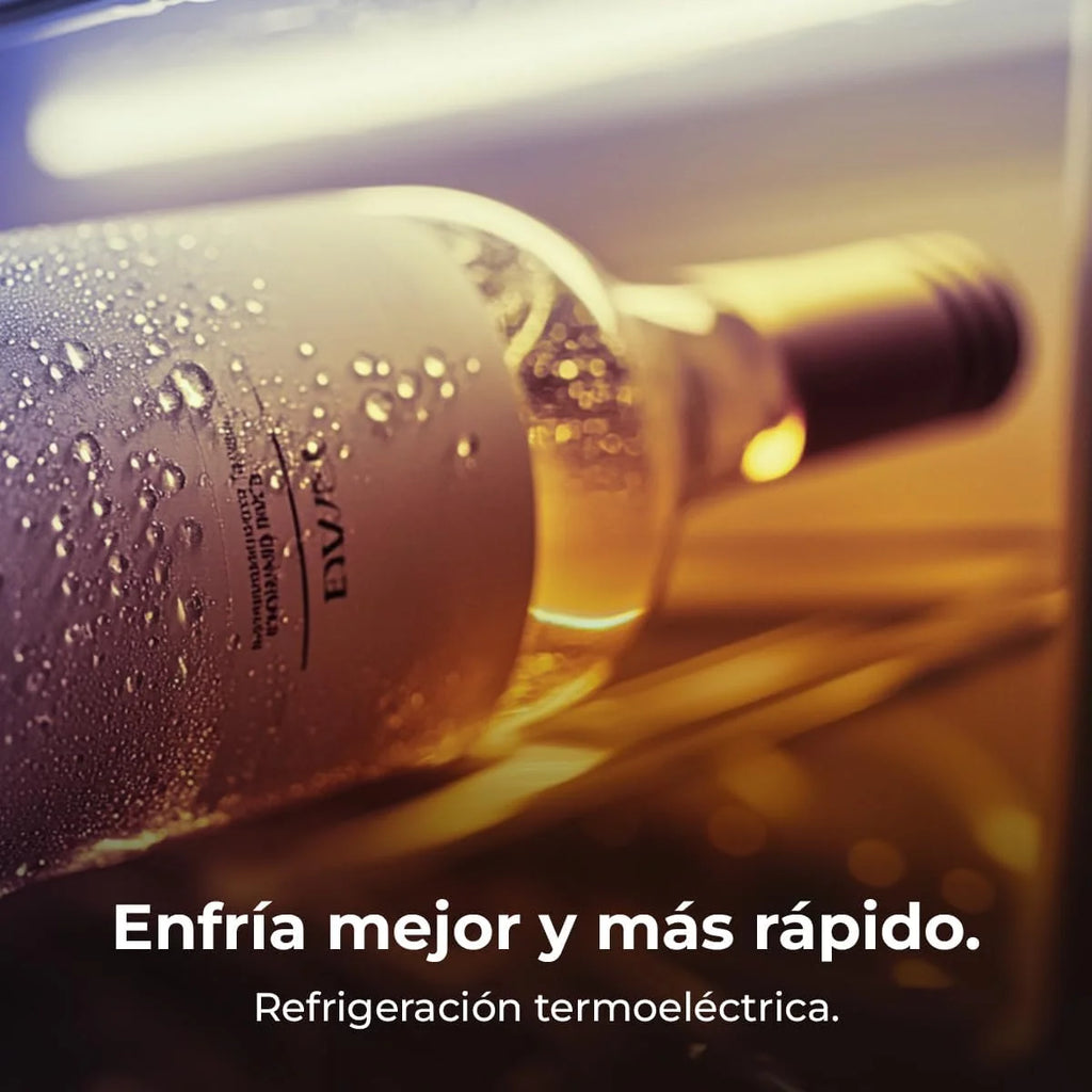 Cecotec Vinoteca Bolero GrandSommelier 1250 CoolCrystal. Bodega para 12 botellas, enfriamiento termoeléctrico, silenciosa con 35 dB, temperatura regulable de 8-18ºC, panel táctil y luz LED interior.
