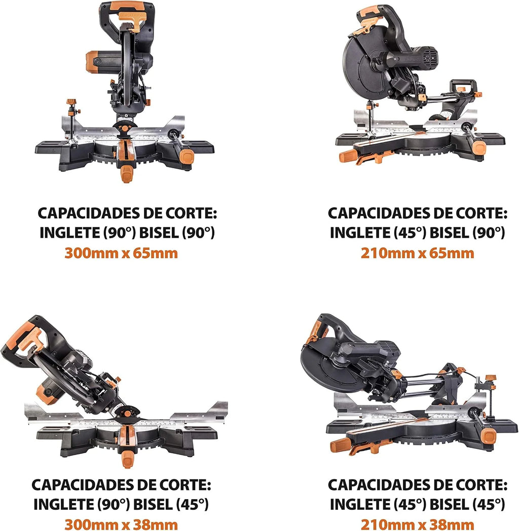 Evolution Power Tools - R210SMS-300+ Ingletadora deslizante multimaterial de 210 mm (230 V), con paquete plus, Corta acero dulce, aluminio, plástico, madera con clavos incrustados