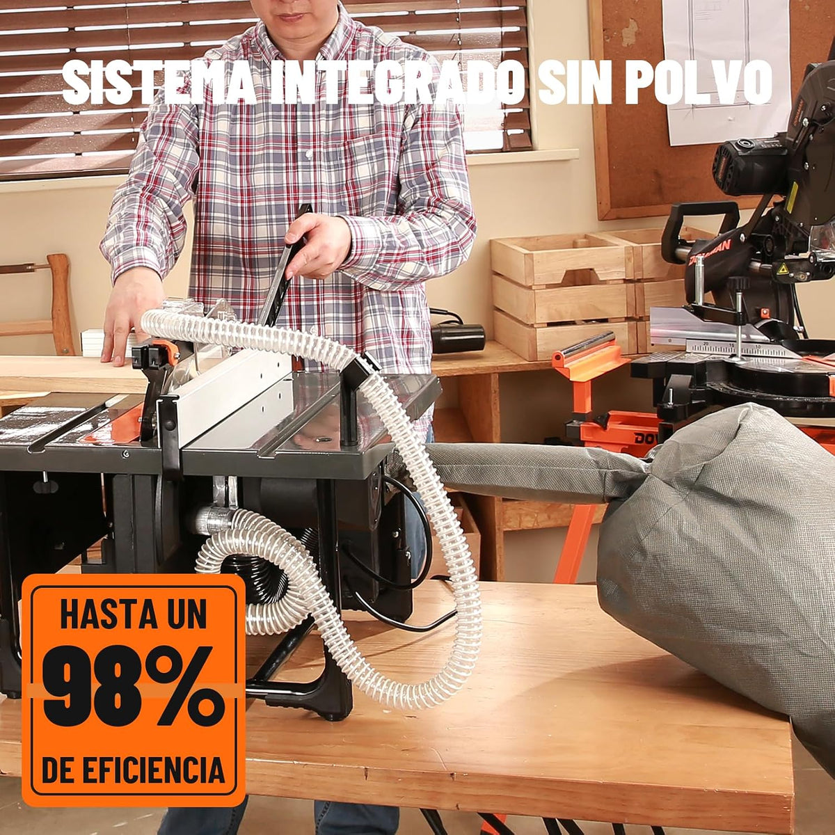 DOVAMAN DTS02M Sierra de Mesa, 98% Recolección de Polvo, 2000W con Hoja de 216mm, Corte Máx de 60mm (90°) y 40mm (45°), Almacenaje en Herramienta, Sierra de Mesa Ideal para Madera de Carpintería & DIY