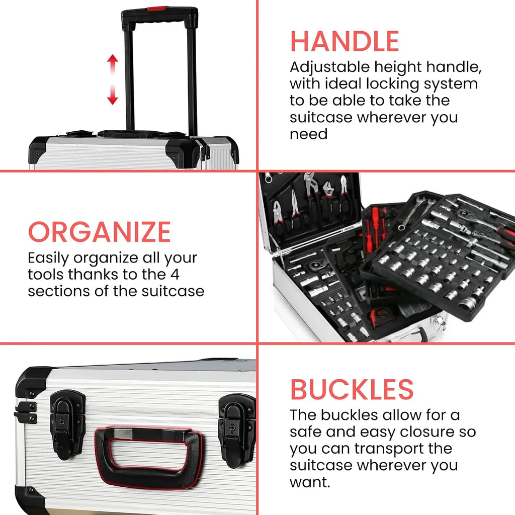 𝗠𝗮𝗹𝗲𝘁𝗶́𝗻 𝗱𝗲 𝗛𝗲𝗿𝗿𝗮𝗺𝗶𝗲𝗻𝘁𝗮𝘀 𝟭𝟴𝟳 𝗣𝗖𝘀 𝗖𝗿𝗼𝗺𝗼 𝗩𝗮𝗻𝗮𝗱𝗶𝗼. Maleta de Herramientas Completa con Ruedas, Juego de Piezas de Reparación Manual. Carro de Aluminio Impermeable.