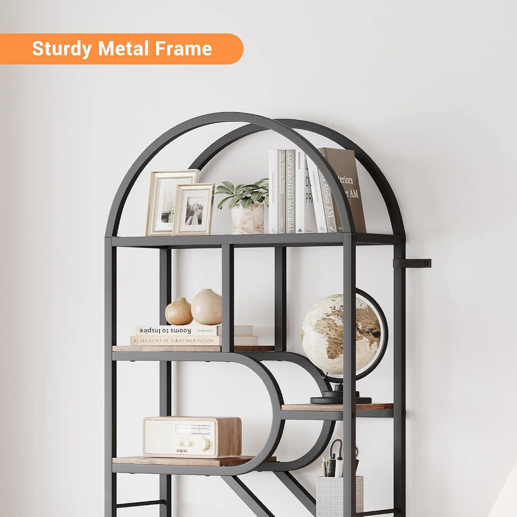 Estantería Arco Metal Negro Madera Vintage 6 Niveles Salón