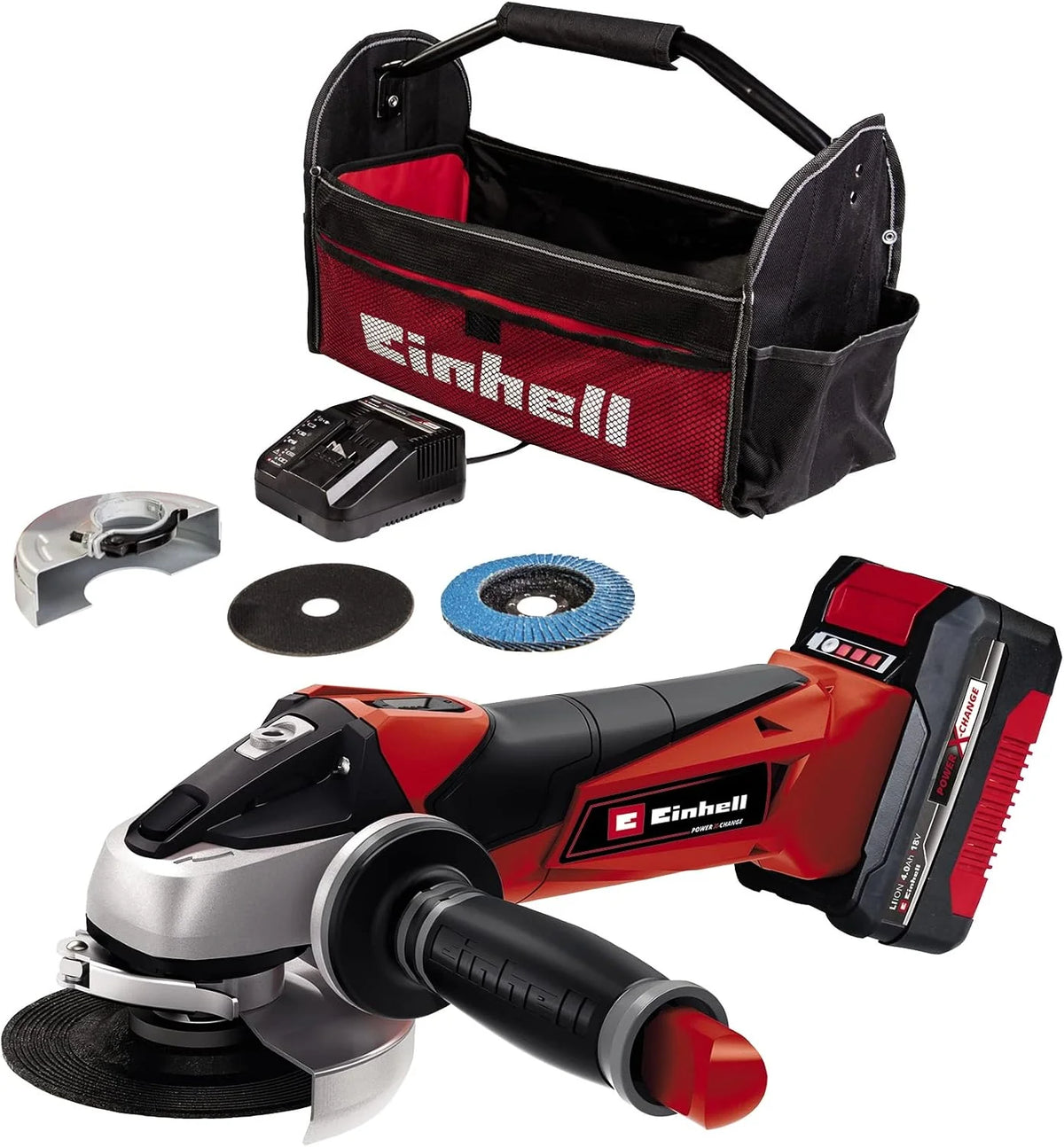 Einhell Amoladora angular con batería TE-AG 18/115 Li Kit Power X-Change (18 V, 115 mm diámetro de disco, 28 mm profundidad de corte, incl. disco, 4,0 Ah batería y cargador)