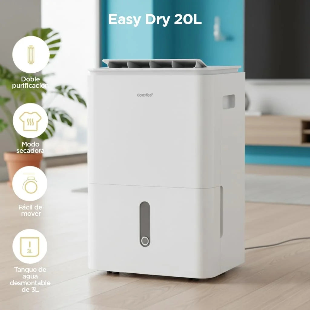 COMFEE' Deshumidificador de Humedad interior 20L / 2-EN-1 Purificador Eléctrico Silencioso con Ionizador, App/WIFI, 4 modos, Bajo Consumo con Depósito Extraible | Easy Dry 20 hasta 52 m² / 150 m³