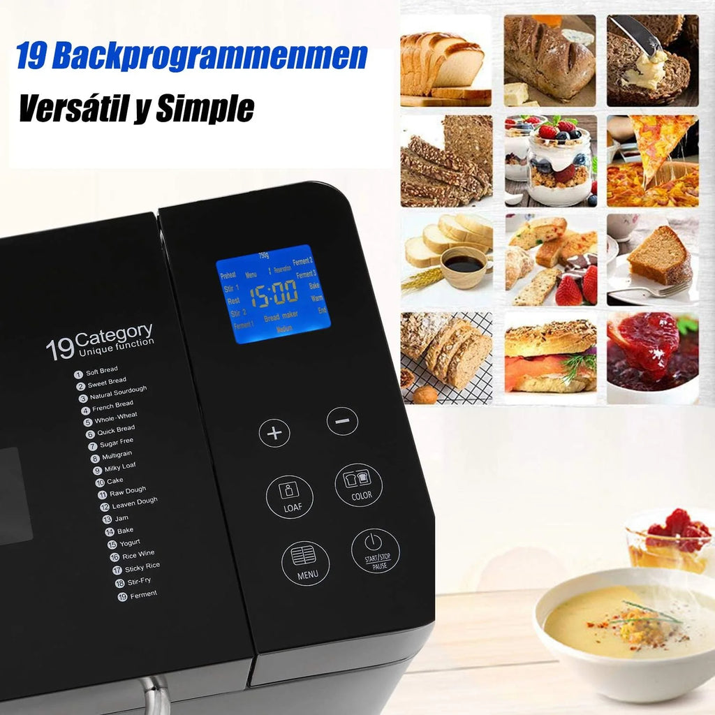 COOCHEER Panificadora Completamente Automática,Panificadora de Corteza crujiente con 19 Programas,710W,Programable para Hacer Pan,para Panes Artesanales, sin Gluten, Masas,Bizcochos y Mermeladas