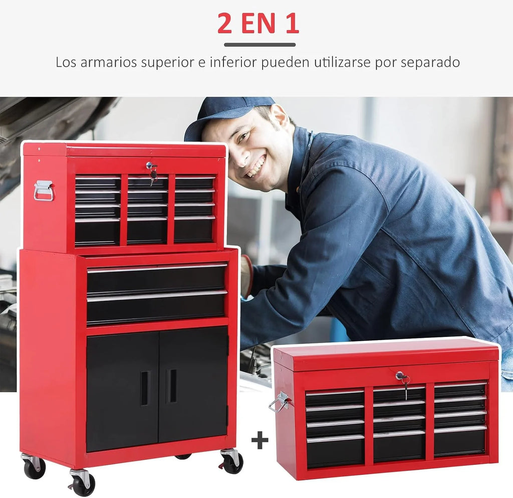 HOMCOM Carro de Herramientas con Baúl Superior 2 en 1 Carro de Taller Rojo
