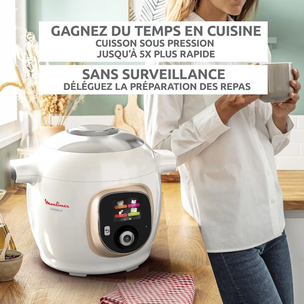 Moulinex, Cookeo - Multicooker inteligente 6L, 150 recetas integradas, cocción sin vigilancia, pantalla intuitiva, guía de cocción, aplicación MyMoulinex, 1600 W, blanco, 15 años reparabilidad