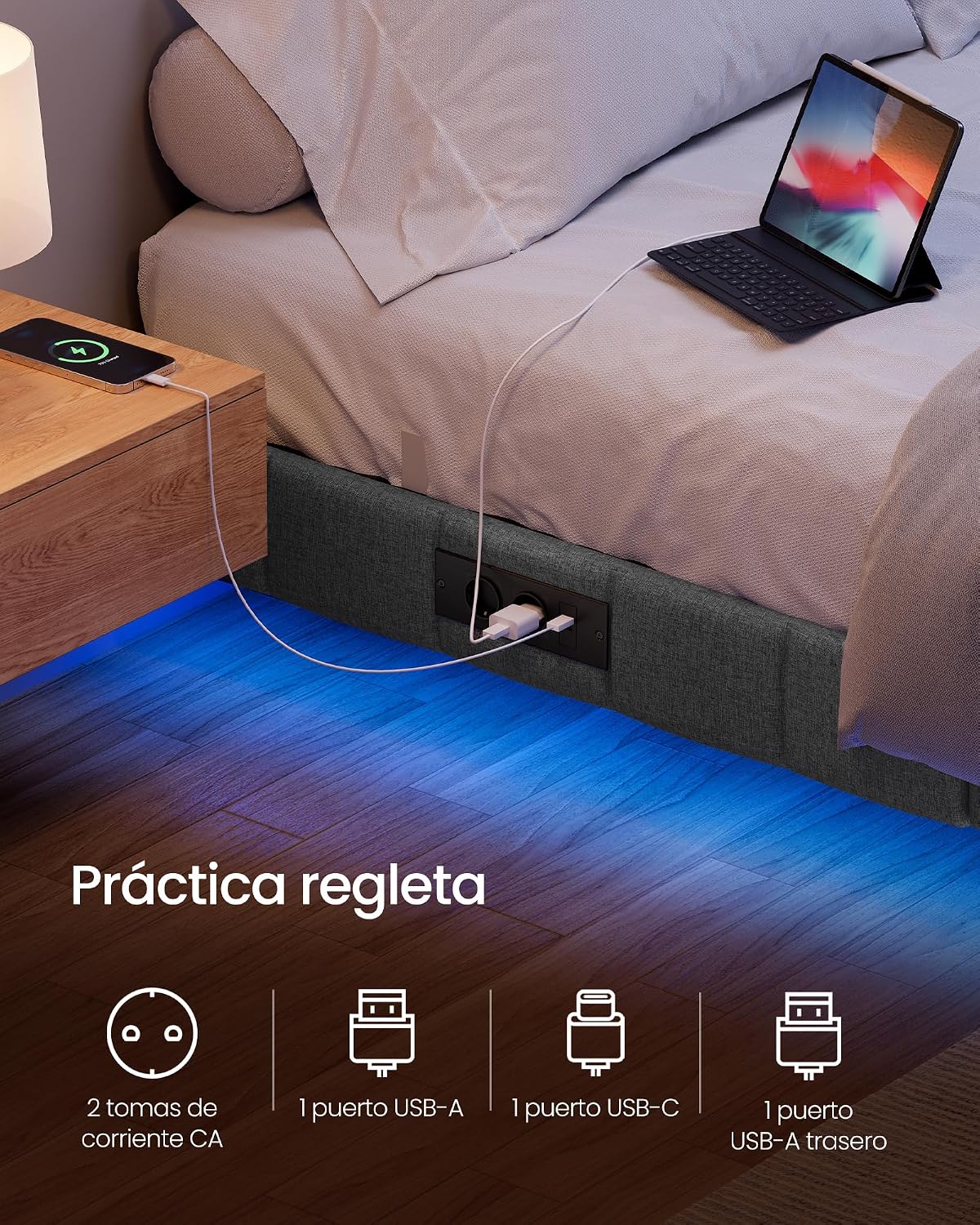 VASAGLE Floating Bed Frame, 16 x 200 cm, LED, 2 Sockets