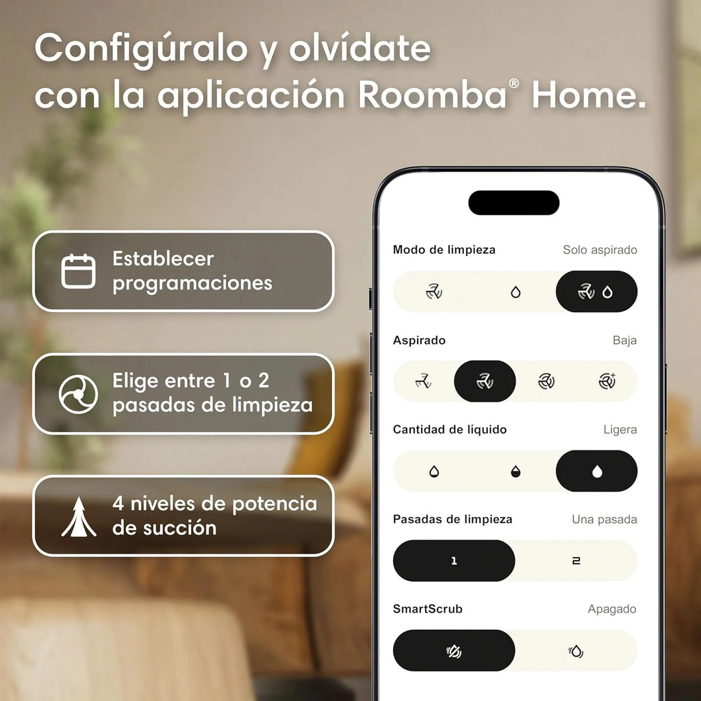 iRobot Roomba 115 Combo, Robot Aspirador y friegasuelos 2en1, Potencia de succión de 15.000 Pascales, Cepillo Lateral Flexible, Mopa de fregado extendida, Navegación Clearview LiDAR, App, Negro