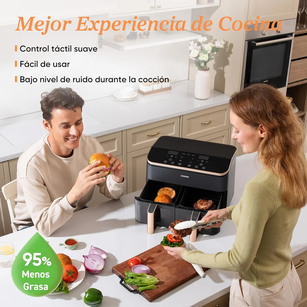 Cosori Freidora de Aire 8,5L, Doble Cesta con Ventana, 10 Funciones, Oro