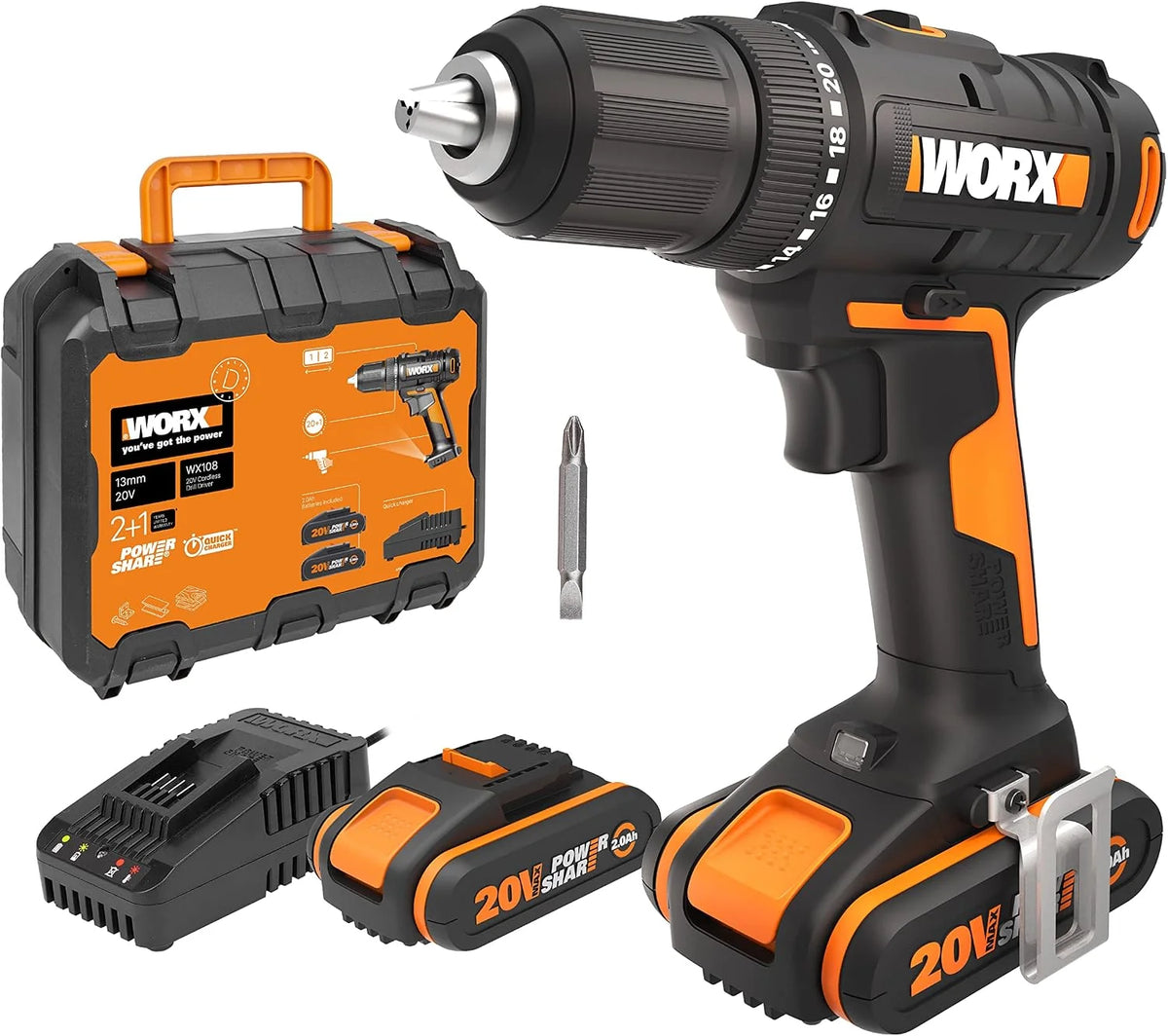 WORX WX108 Taladro Atornillador 20V 2Bat 45Nm