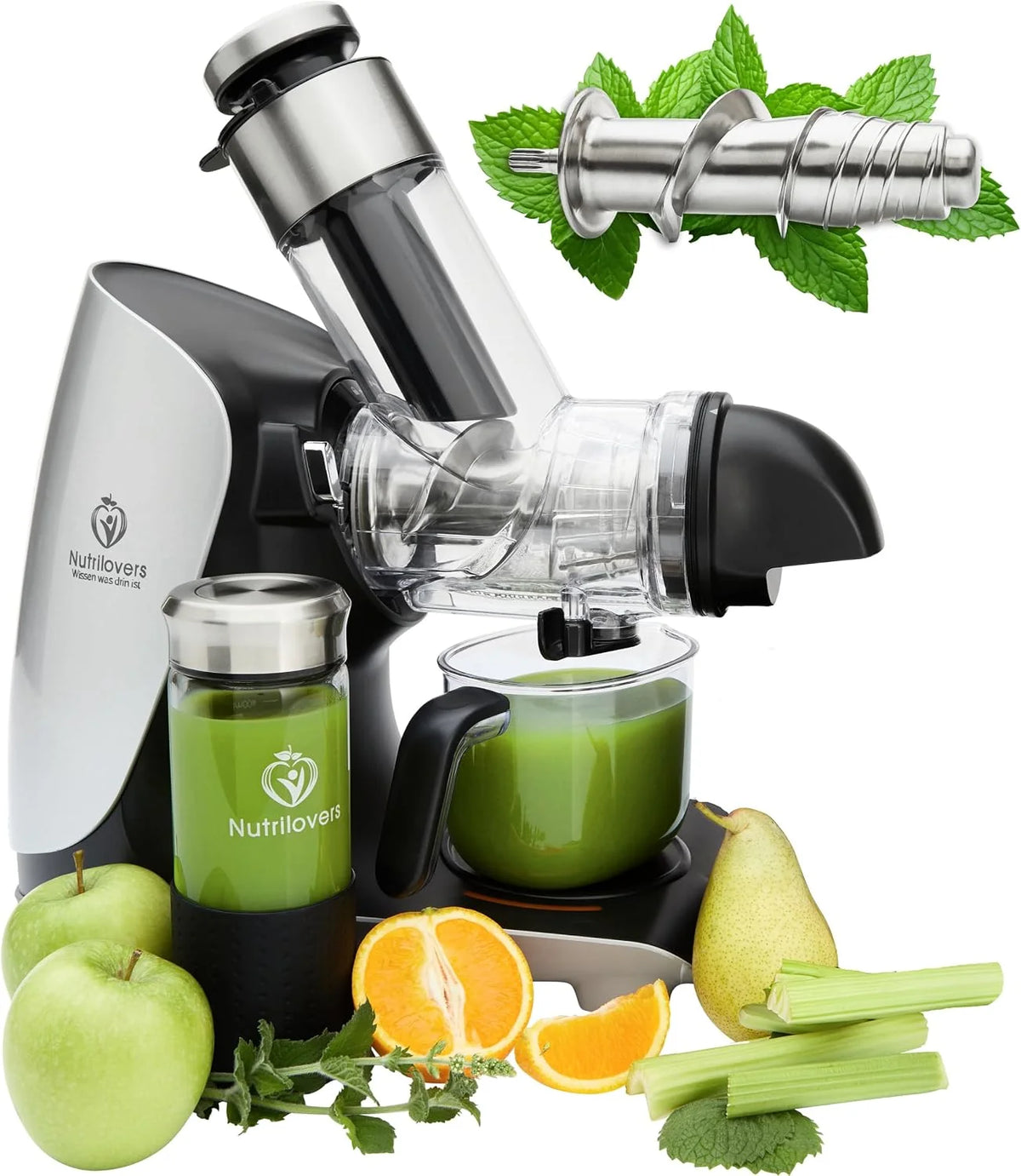 Nutrilovers Slow Juicer GREEN-PRESS MAX Licuadora extractor de jugos con tornillo de acero inoxidable, libre de BPA, ganador de pruebas, exprimidor eléctrico