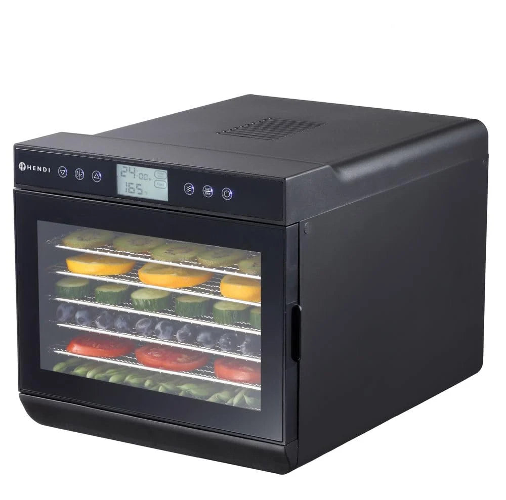 HENDI Deshidratador de alimentos, con 7 bandejas, secador eléctrico de frutas y verduras, temporizador de 24 hrs, temperatura regulable 35°-70°C, 230V, 500W, 345x450x(H)315mm, acero inoxidable, PP
