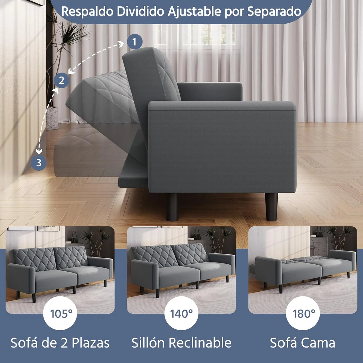 Yaheetech 2 Seater Sofa Bed with 2 Separate Backrests Grey Fit