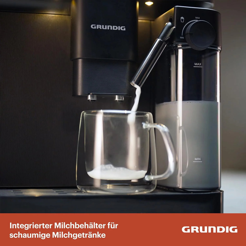 Grundig KVA 7230 Máquina automática de café, 10 especialidades de café, 13 niveles de molienda, tanque de leche, potencia de 1350 W, presión de bomba 19 bar, doble boquilla, iluminación, negro/plata