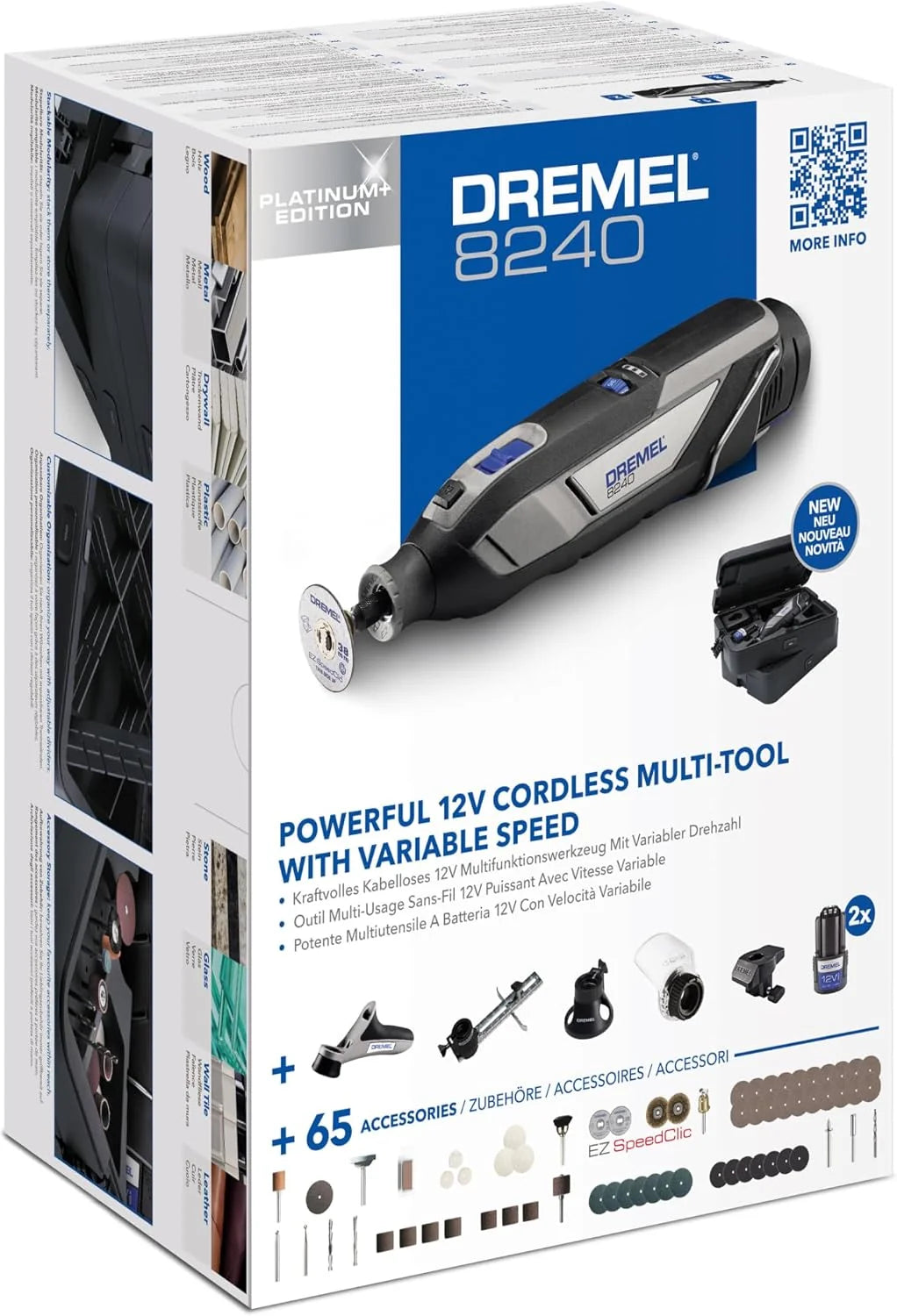 Dremel 8240 Multiherramienta Inalámbrica 12V con Batería de 2Ah, 5 Complementos, 1 Maletín Platinum BOX, 65 Accesorios para Cortar, Grabar, Lijar, Pulir, Afilar y Perforar