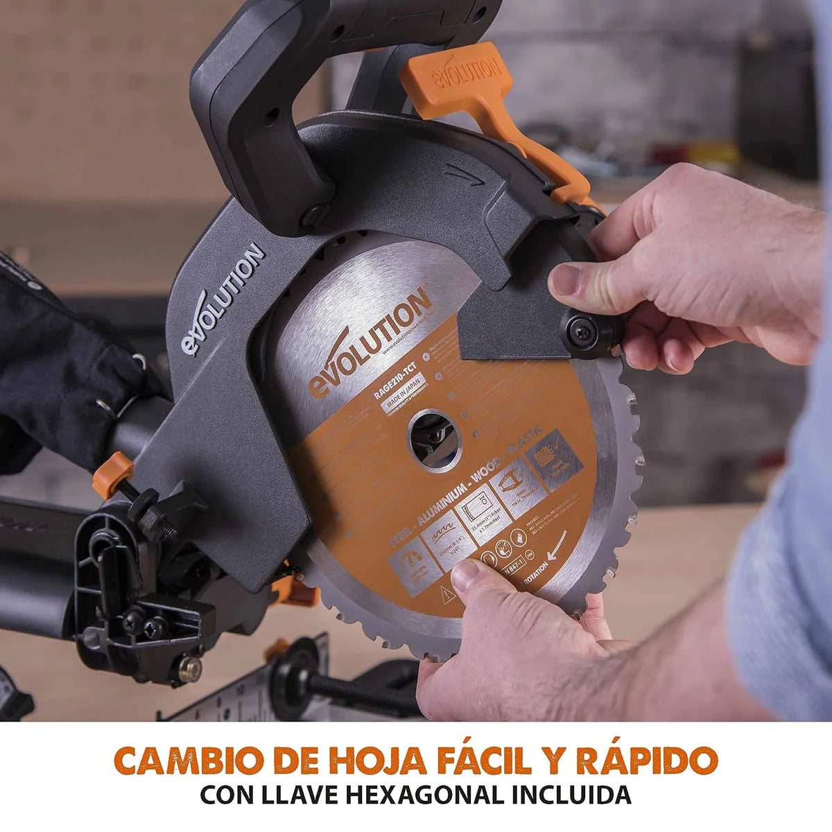 Evolution Power Tools R210SMS+ Ingletadora deslizante multimaterial de 210 mm, con paquete Plus, Corta acero dulce, aluminio, plástico, madera con clavos incrustados, 230 V