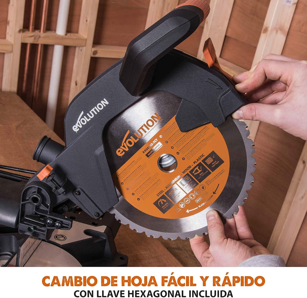 Evolution Power Tools R255SMS Sierra ingletadora Deslizante multimaterial, con Paquete Plus, Corta acero dulce, aluminio, plástico, madera con clavos incrustados 230 V, 255 mm