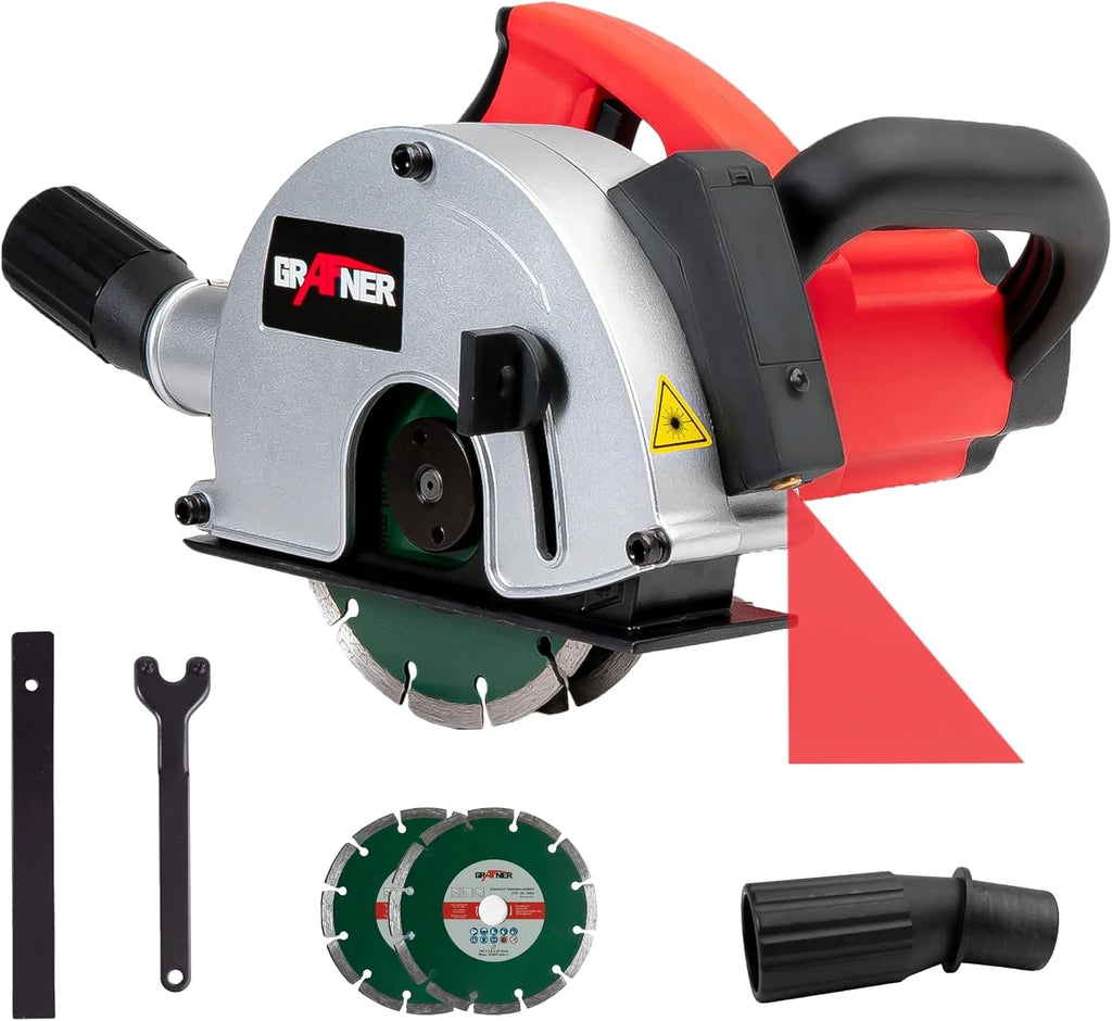Grafner Fresadora de pared con láser, potente 1700 W con 4000 rpm, incluye 2 discos de corte de diamante de 150 mm de diámetro, extracción de polvo, ancho de ranura 14-29 mm, profundidad de ranura 10