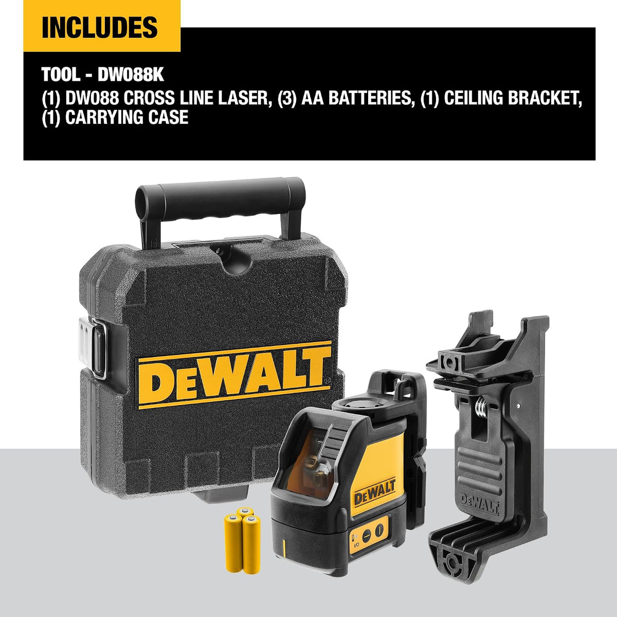 DEWALT DW088K-XJ - Láser Autonivelante de 2 Líneas en Cruz, Alcance de 15m, Base Pivotante, Precisión +/-3mm/10m, Compatible con Detector DE0892, Maletín y Pilas AA Incluidas