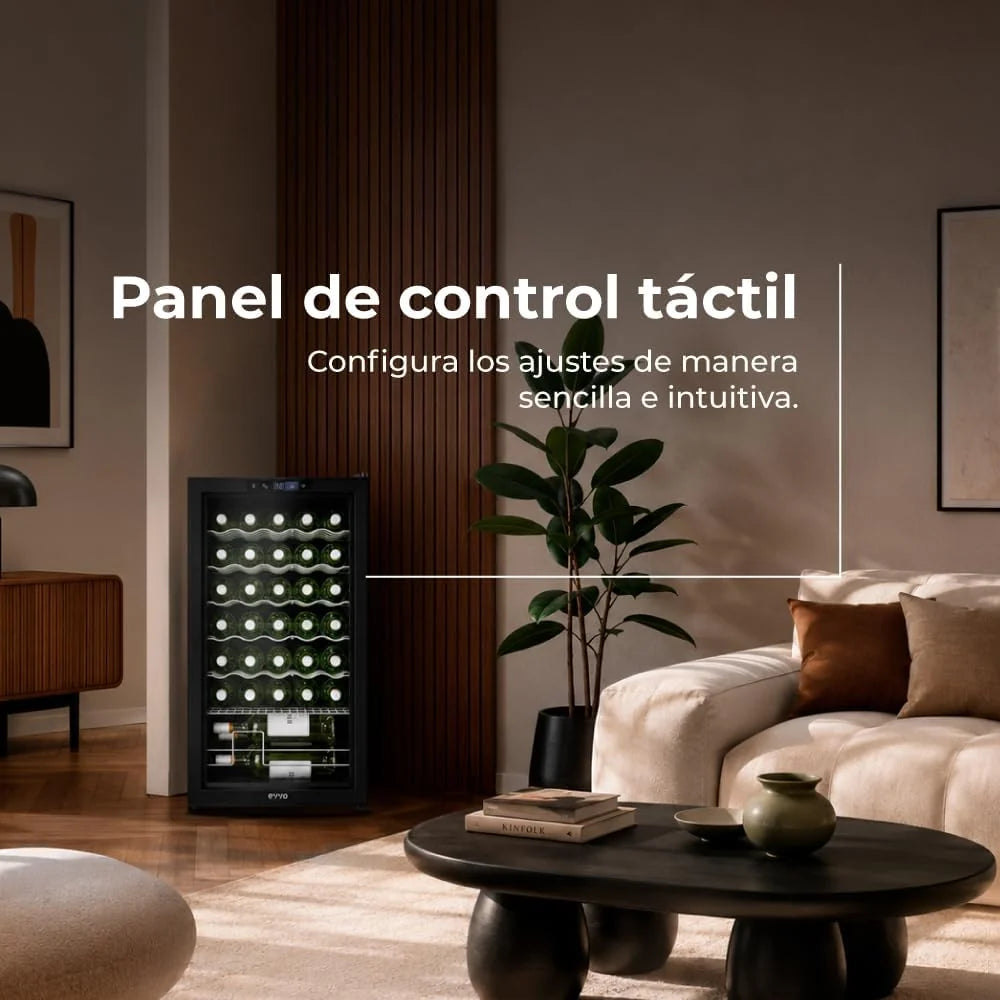 EVVO VT34 Vinoteca 34 botellas, enfriador de vino con compresor, 5-18ºC, panel táctil, silenciosa, display digital, LED interior, botellero vino y mini nevera vinoteca