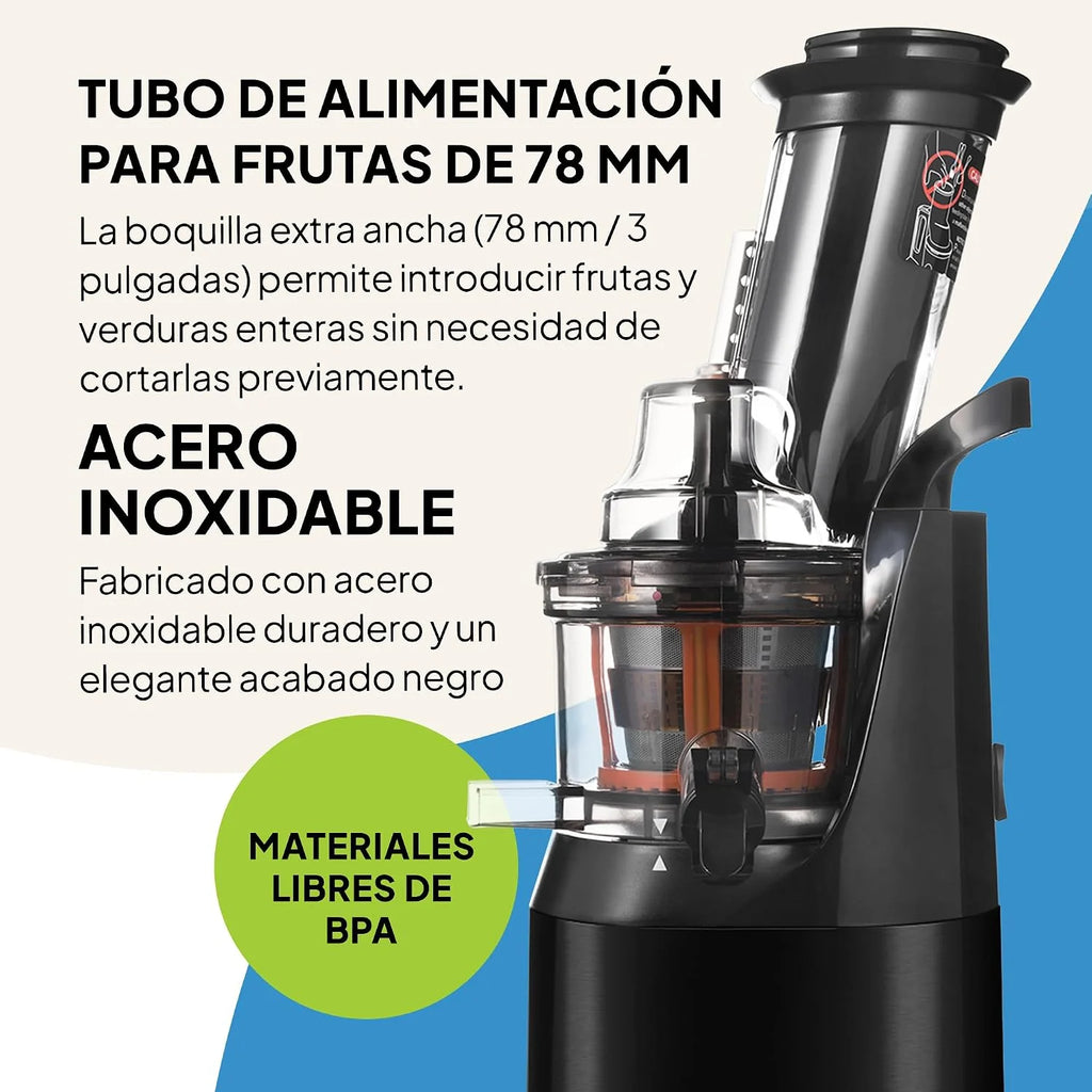Fridja F1900 - Extractor de zumos para frutas y verduras, exprimidor lento de prensado en frío, exprimidor eléctrico sin BPA, 240W, con tamiz, grifo antigoteo, licuadora lenta que conserva vitaminas