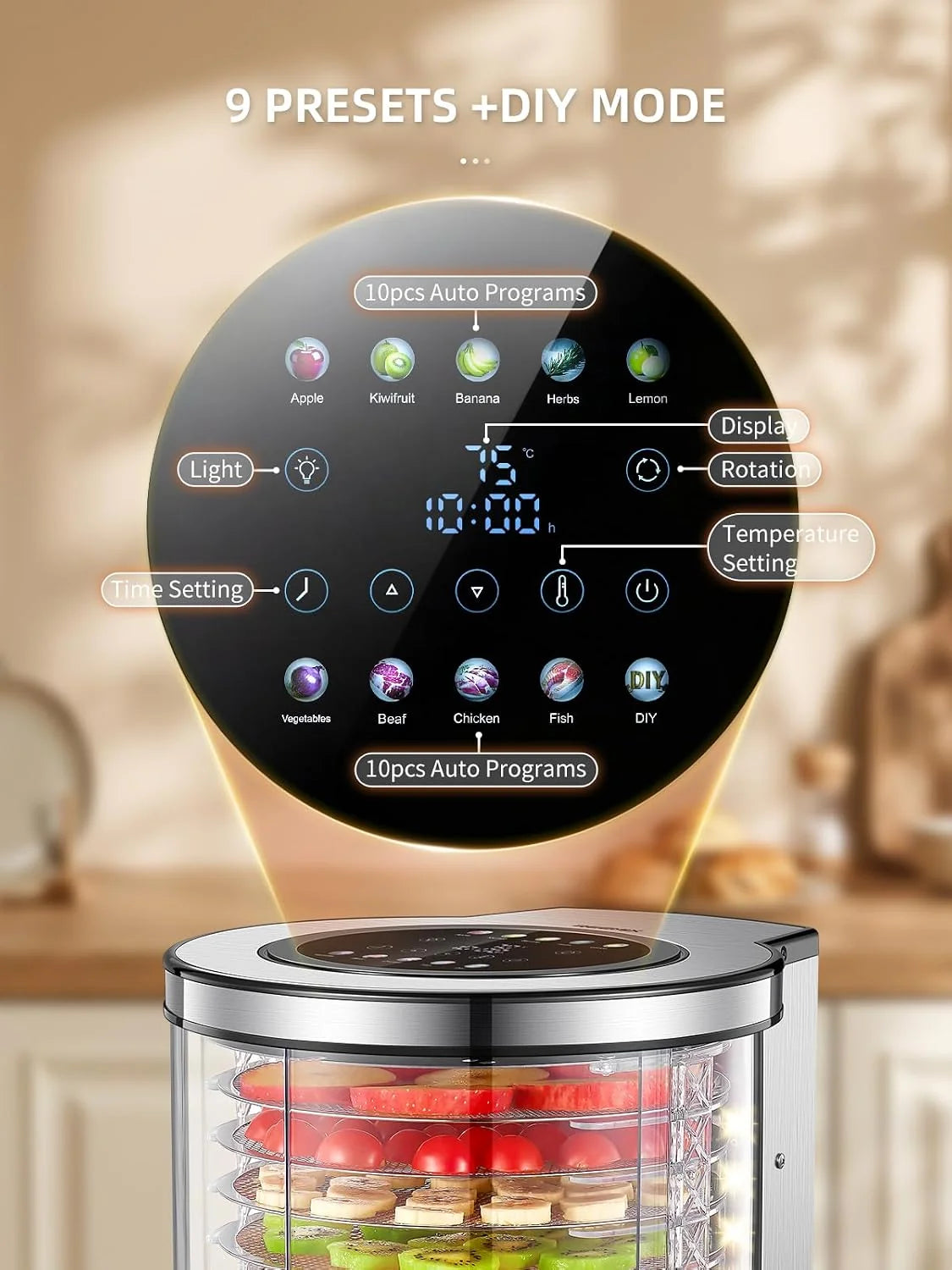 Deshidratador de acero inoxidable con 10 niveles, deshidratador giratorio con 9 programas y pantalla LCD, regulador de temperatura de 35 – 75 °C y temporizador de 48 horas, secador de carne silencioso