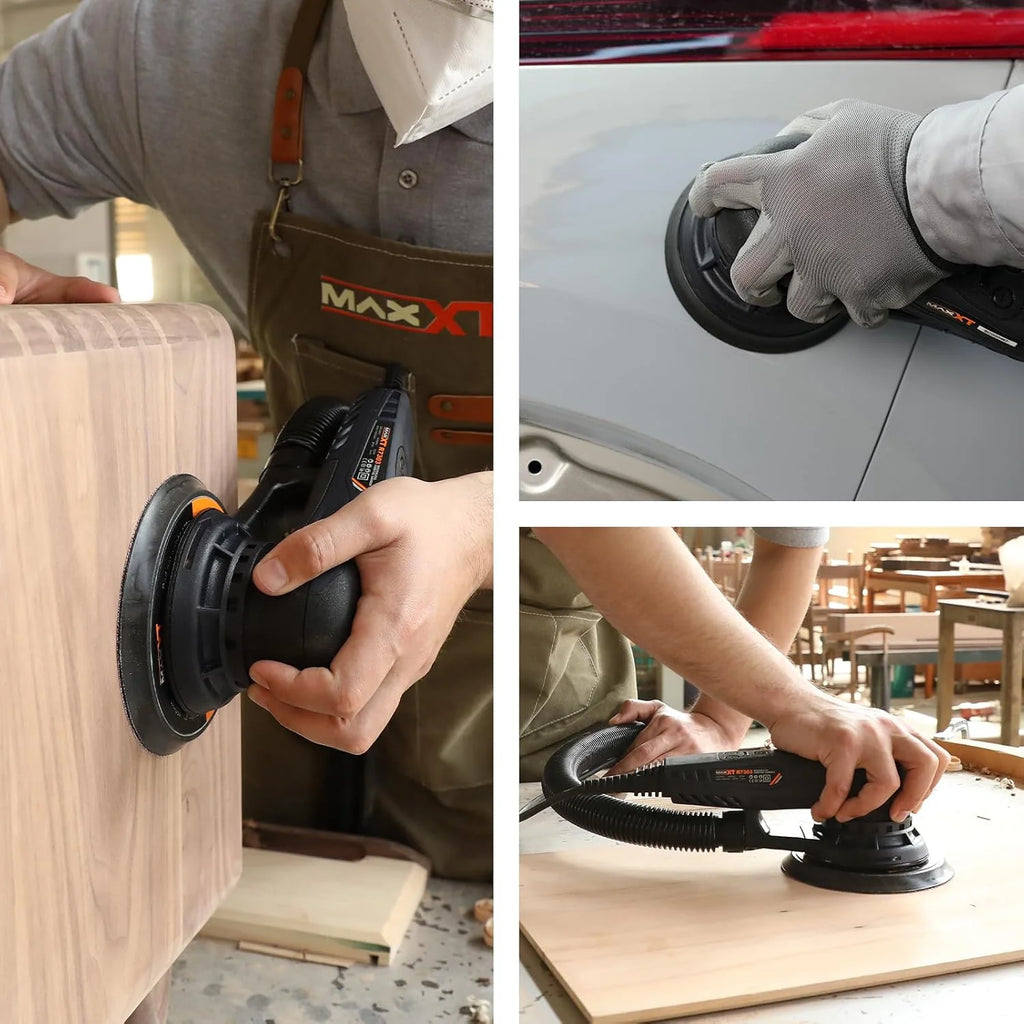 MAXXT Lijadora excéntrica sin escobillas de 5,0 mm, 230 V, con cableado trinúcleo, versátil lijadora eléctrica con ritmo variable y 10 discos abrasivos, con cable