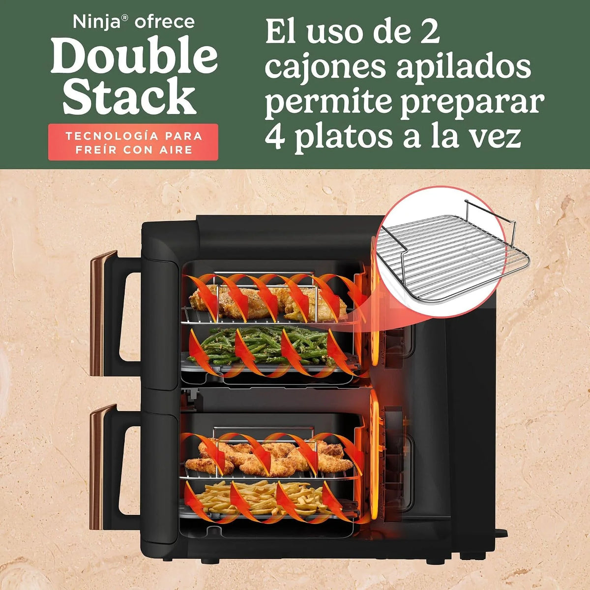 Ninja Double Stack XL, Freidora de Aire de Doble Cajón, 9,5L, Negro/Cobre