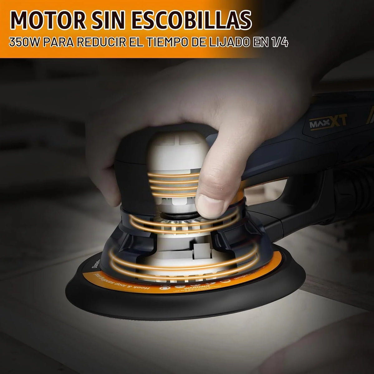 MAXXT lijadora excéntrica 150 mm, sin escobillas, conector tri-núcleo, carrera 5,0 mm, freno automático (2 s), 6 velocidades, incluye 10 lijas y cable 5 m.