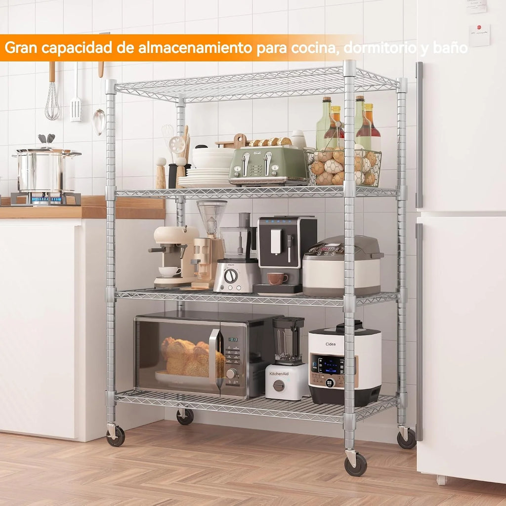 Himimi Estantería de Alambre de 4 Niveles con Ruedas, Altura Ajustable,con Pies Niveladores, Estante de Almacenamiento Metálico para Cocina, Baño, Dormitorio,Capacidad de 500 kg, 90*45*183 cm, Plata
