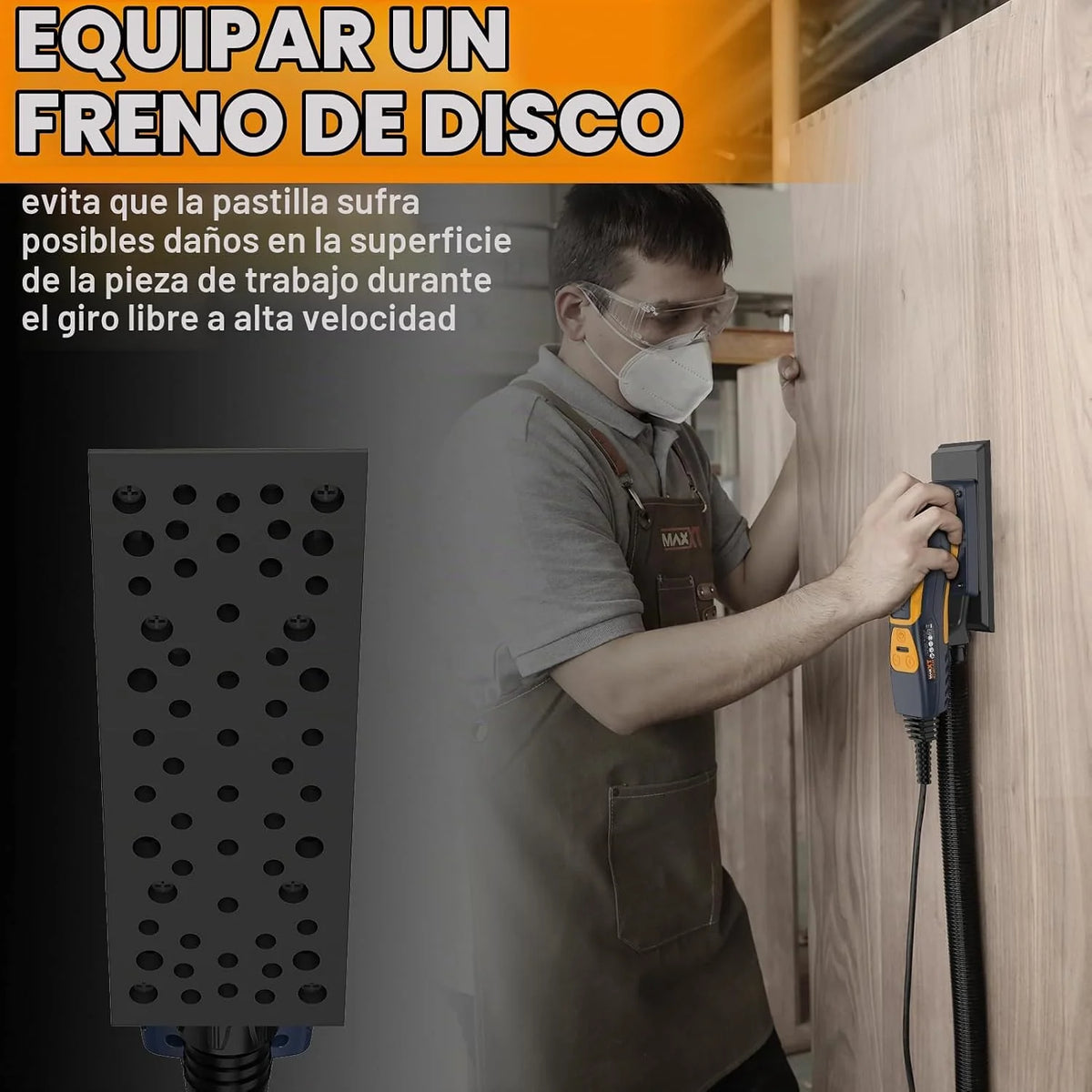 MAXXT Lijadora orbital 3.0 sin escobillas 350W, velocidad ajustable 4000-10000/RPM, freno automático 2s, recogida automática de polvo, superficie de lijado 198x70mm, 10 hojas abrasivas