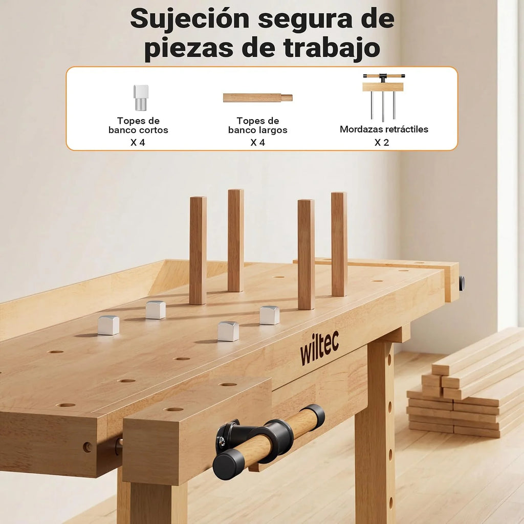 Wiltec Banco de Carpintero 151 x 61,5 x 86 cm Mesa de Trabajo de Madera 150 kg con cajón, Estante y Pinzas de sujeción, Ideal para Trabajos de carpintería, Bricolaje y Taller