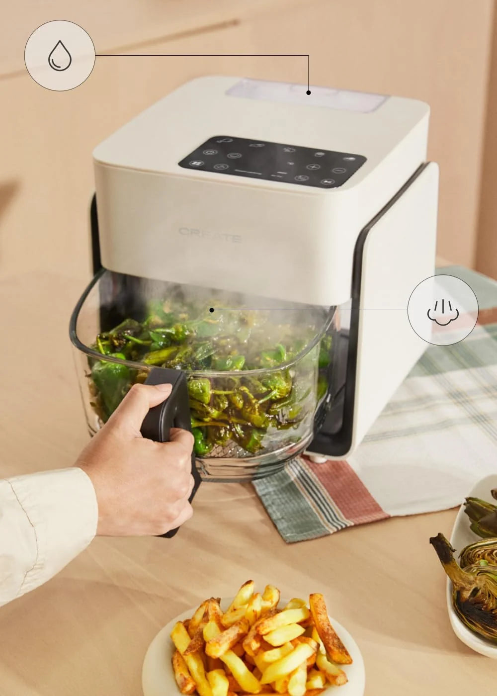 CREATE/AIR FRYER STUDIO CRYSTAL/Freidora sin aceite 4.2 L con vaporizador de agua blanco roto/Capacidad 5-6 raciones, 6 programas, bandeja de cristal, control de tiempo y tempertura, 1300W