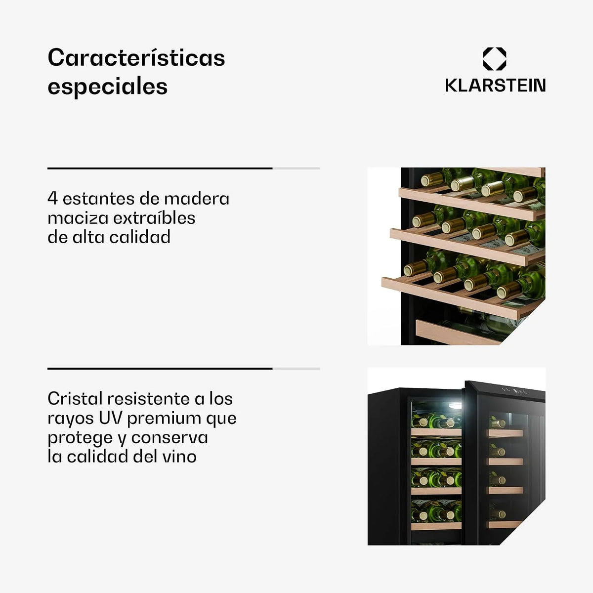 KLARSTEIN Bevora Frigorífico 20 botellas – Enfriador de vino independiente, controles táctiles 4-18 °C, puerta de cristal UV, luz LED, estantes de madera
